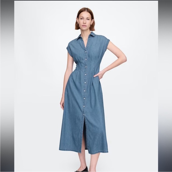 GAP Dresses & Skirts - Gap Fit and Flare Midi Shirt Dress Pleat Waist Denim Roll Cuff Medium Wash XLT